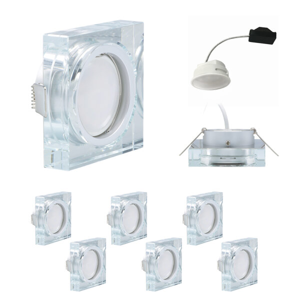 6er Set Einbauleuchtenn Glas Eckig 5W 3000K Warmweiss 230V 400 lumen inkl. austauschbare LED Modul geringe Einbautiefe