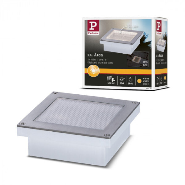 Paulmann Aussenleuchte Solar Boden Einbauleuchten Aron IP67 3000K Metall Bewegungsmelder 5/40 lumen 10*10cm