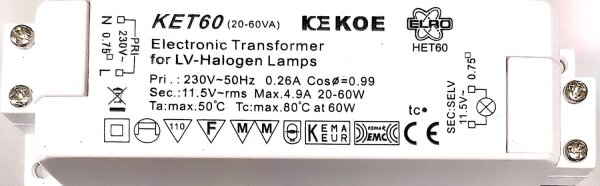 ELRO 60W elektronischer Halogen Transformator 230V / 12V KET60 Trafo MR16 MR11 G4 GU5,3 Halogen