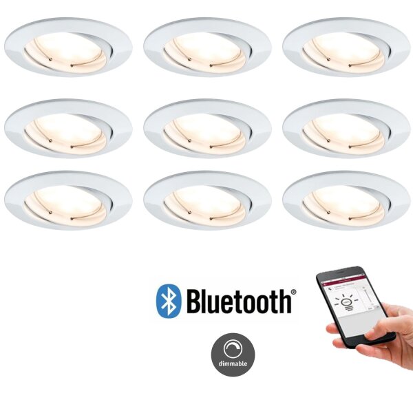 9er Set Bluetooth Einbauleuchtenn warmweiß schwenkbar Paulmann Koplett Set 9x 5,2W LED je 400 Lumen = 40W 2700 Kelvin Dimmen mit mit Smart Home
